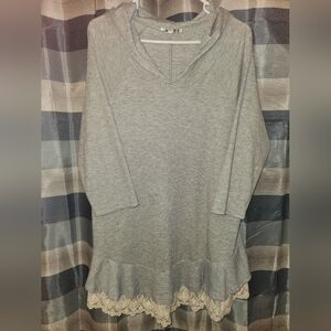 1X UMGEE + Gray Hooded Tunic,3/4 Sleeve, Ivory Lace Trim, Boho, Chic, Plus Size